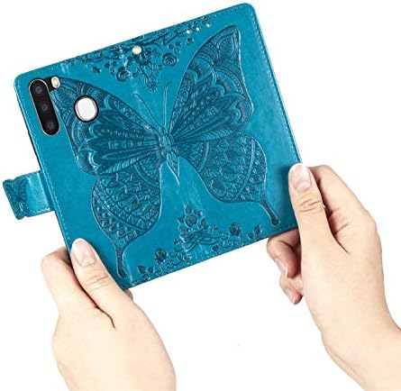 Чанта-портфейл за Samsung Galaxy A11 с 3D пеперуда и цвете, отделение за кредитни карти ZYZX и стойка, устойчив на удари Магнитен Защитен Кожен Разтегателен Калъф за Samsung Galaxy M11/A11 HZD Blue