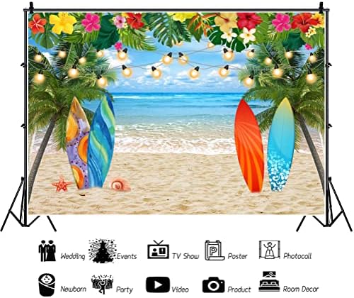 Хавайски Плаж Фон 7x5 фута Хавайски Фон Luau Тропически Плаж Фон за парти Хавайски Цветя Фон за парти Luau Фон за рождения Ден на Алоха Фон за декорация на партита Тики Годишен Банер Снимки