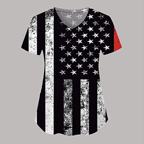 Женска Тениска с 4-ти юли, Флаг на САЩ, Лятна Тениска с Къс ръкав и V-образно деколте, 2 Джоба, Блузи, Празнична Ежедневни работни Дрехи