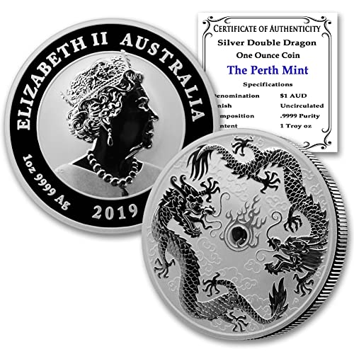 Австралийската Сребърна монета с Двойно Дракон 2019 година с тегло 1 унция, Лъскава, без да се прибягва (БУ в капсула), със сертификат за автентичността, Монетен двор на сащ на стойност 1 долар.