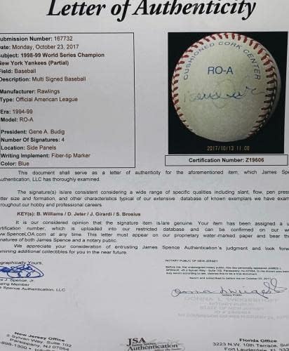 Дерек Джитър Топката с множество автографи на Световните серии 1998 Бросиус Уилямс Джирарди Jsa Loa - Бейзболни топки с автографи
