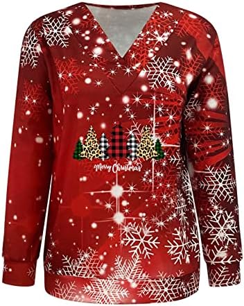 Коледни свитшоты за жени 2022, блузи с принтом снежен човек с V-образно деколте, ежедневни свободните пуловери с дълъг ръкав, потници