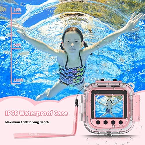 Водоустойчива камера Ourlife Kids, Детска помещение на възраст от 3 до 12 години, Помещение за деца, което Позволява да го Използвате под вода - Камера с телевизор 1,77 инча и карта памет TF (розова)