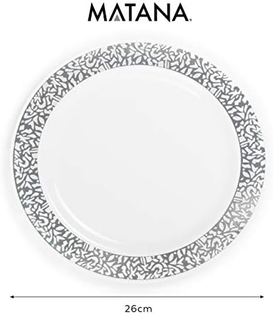 MATANA 20 бр. Елегантни Пластмасови чинии с бели и сребристи завързана тапицерия 10,25 - инчов- Многофункционални Кът чинии, Празнични чинии за малки сватбени партита, тържества, събития - Заредете, за многократна употреба