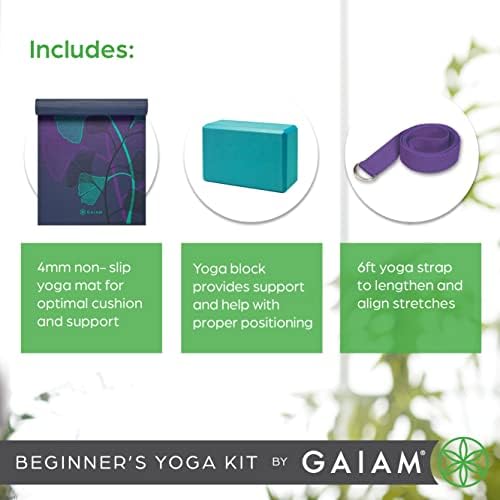 Комплект за йога Gaiam Beginner's Starter Kit (килимче за йога, блок за йога, с каишка за йога) - Лесен нескользящий подложка за упражнения с дебелина 4 мм с принтом за ежедневна йога - Включва 6-крак каишка за йога