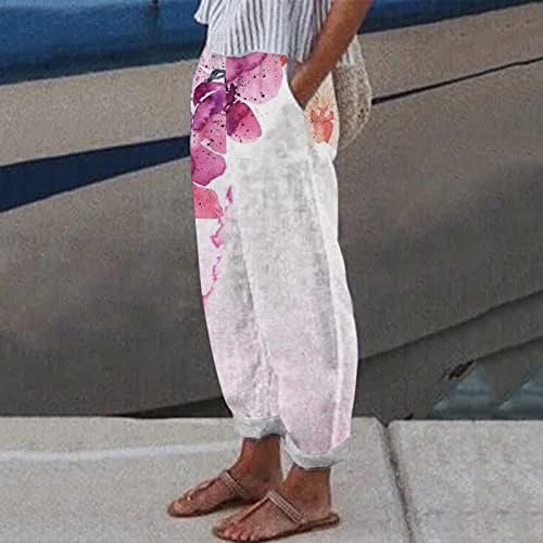 Дамски Ежедневни Панталони от памук и Лен, Удобни Летни Плажни Панталони на Цветя Принтом Еластичен Колан, Дишащи Панталони в стил Бохо с Джобове