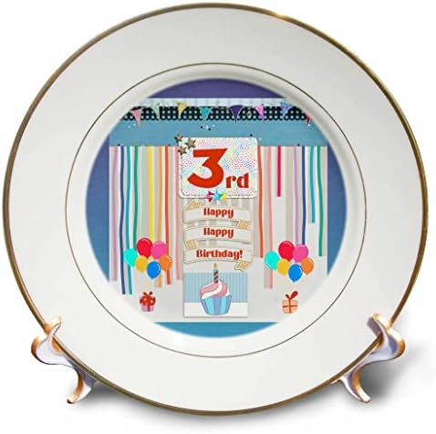 Триизмерен образ на етикет на 3-тия рожден ден, Торта, Свещи, балони, подаръци, Серпентина - Чинии (cp_359163_1)