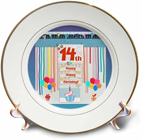 Триизмерен образ на Етикет на 14-ти рожден ден, Торта, Свещи, балони, подаръци, Серпентина - Чинии (cp_359174_1)