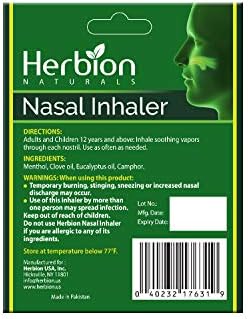 Назален инхалатор Herbion Naturals немедикаментозный, 0,05 течни унции (1,5 мл) - Премахва запушване на носа, синузит и алергични състояния - Ментол, Карамфилово масло, евкалиптово масло и камфор. (Опаковка от 2 броя)