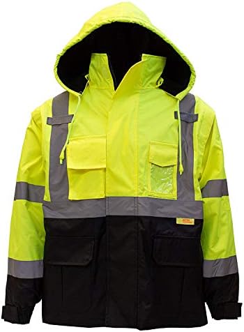 NY Hi-Elbi Workwear J8511/J8512 Мъжки Защитно яке повишена видимост Ansi клас 3 с цип, джоб от PVC, Черен дъното