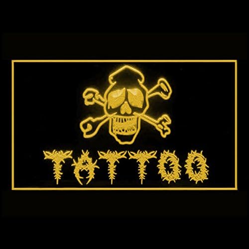 100024 Татуировочный магазин Череп, Нанесени с черно Мастило, Открит дисплей, Led неонова реклама (12 X 8, жълто)