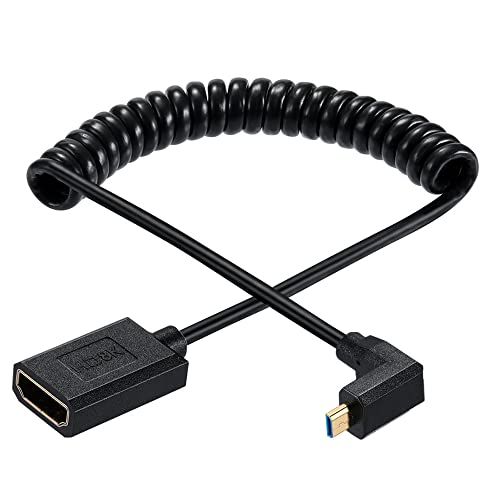 Спирален кабел Qaoquda Micro HDMI-HDMI, 8K, Micro HDMI Male-HDMI Female с пружинным удлинителем под ъгъл 90 Градуса 2.1 за таблет, видео карти, лаптоп (1,2 М / 4 фута) (ъгъл на наклон нагоре)