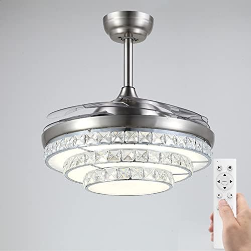 Вентилатор на тавана HSPLXYT 42/48 инча с регулируема яркост, Окачена лампа с Дистанционно управление, Невидим Вентилатор с Разтегателен ножове, за да спални, Трапезария (Цвят: сребърен размер: 48 см)