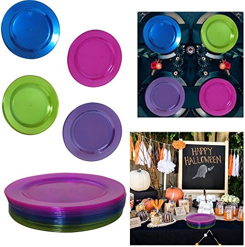 40 6-инчов кръгли неонови чинии за партита. Светли празнични чинии за десерт, представени в различни неонови цвята: розов, purple, зелено и синьо. За еднократна употреба Пластмасови чинии за партита.